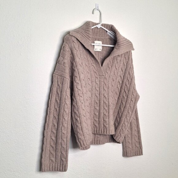 Abercrombie & Fitch Cable Sweater Sz M Oversized Notch-Neck Preppy Boho Neutral - Picture 4 of 13